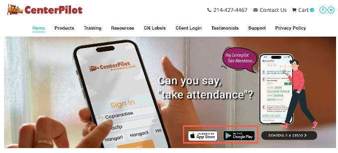 centerpilot.com banner with App Store and Google Play download buttons highlighted