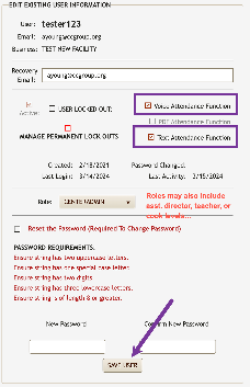 Edit Existing User Information panel with the Voice and Text Attendance Function boxes highlighted and the SAVE USER button at the bottom