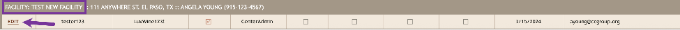 Manage Facility Users list with an arrow pointing to the EDIT link next to a user