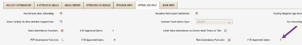 Office Use Only tab with an arrow pointing to # of Approved Users now showing 1