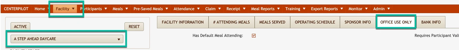 Facility Information with a facility selected and the Office Use Only tab highlighted
