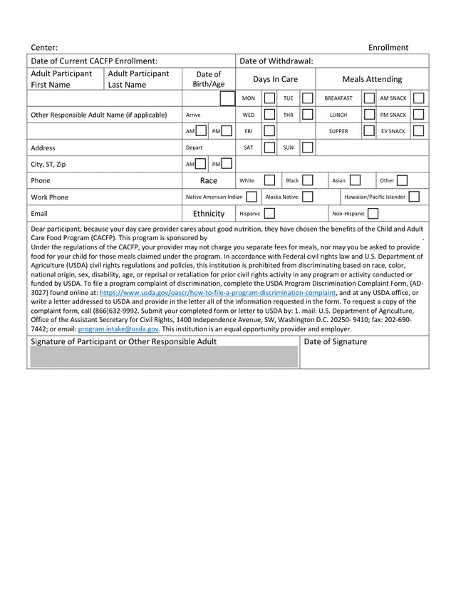 Preview of the first page of the Adult Enrollment Form