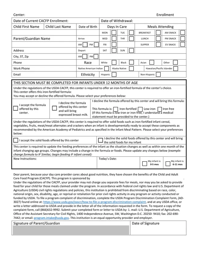 Preview of the first page of the Child Enrollment Form