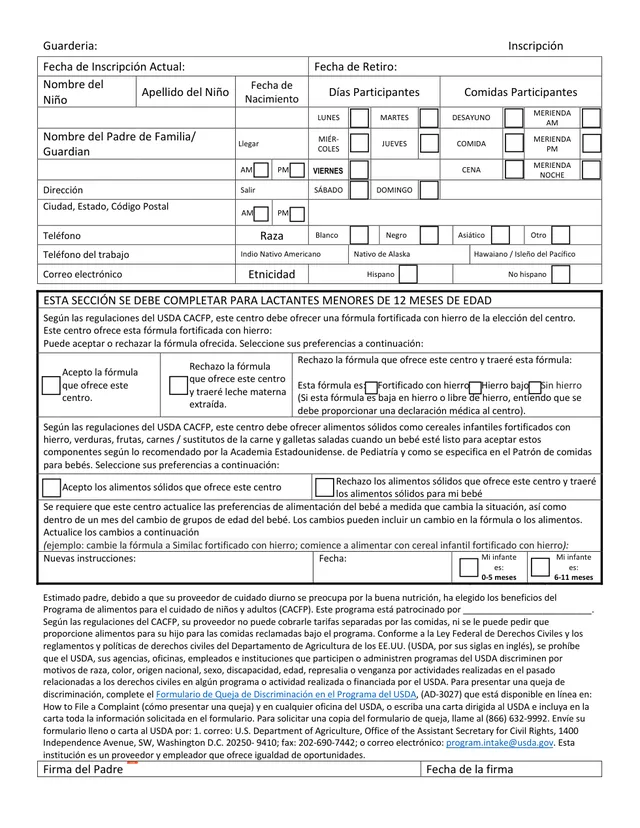 Preview of the first page of the Child Enrollment Form (Spanish)