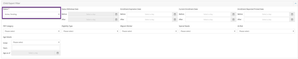 Child Export Filter grid with the Status field set to Active, Pending