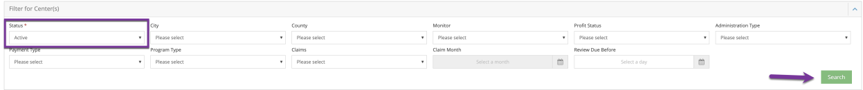 Filter for Centers grid with the Status field set to Active and an arrow pointing to the Search button