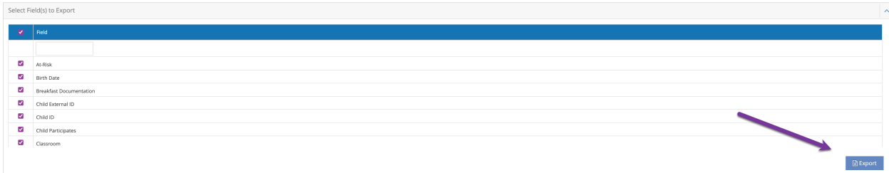 Select Fields to Export grid with every field checked and an arrow pointing to the Export button